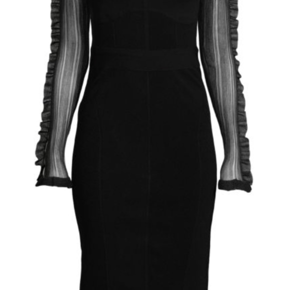 Herve Leger Black Ruffle Sheer Sleeve Corset Midi Dress Evening Cocktail Holiday - Picture 13 of 16